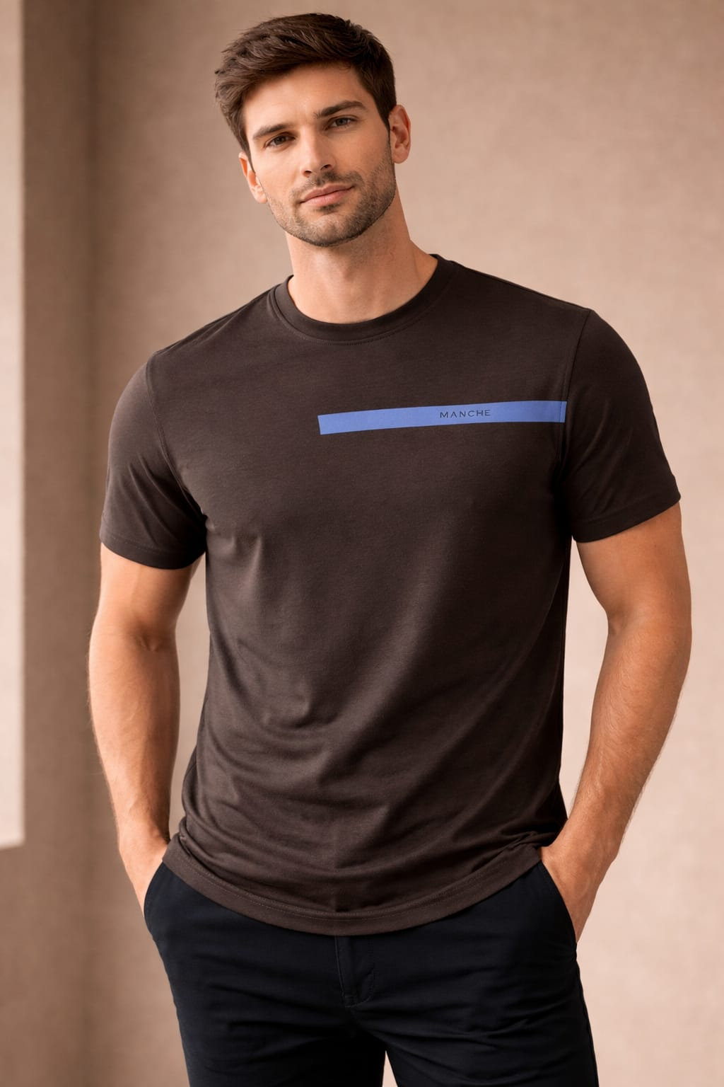 Manche Erkek 21-10594 Göğüs Baskılı Tshirt Kahve