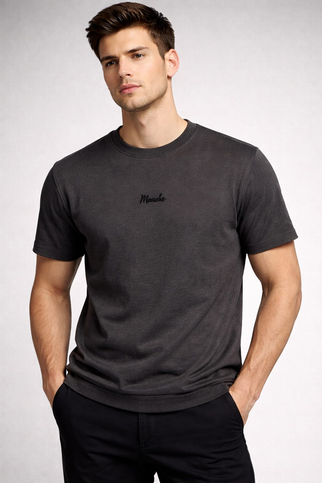 Manche Erkek 21-10595 Göğüs Nakış Detaylı Tshirt Siyah