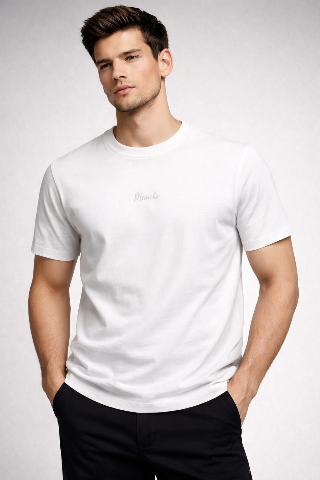 Manche Erkek 21-10595 Göğüs Nakış Detaylı Tshirt Beyaz