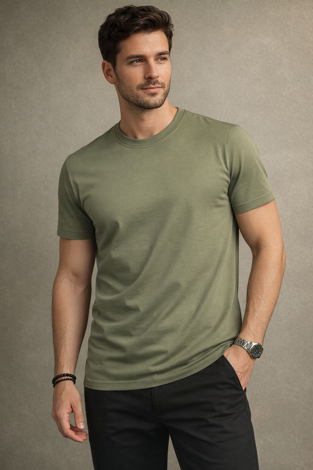 Manche Erkek 21-5722 Enjeksiyon Baskılı Bisiklet Yaka Basic T-Shirt Haki