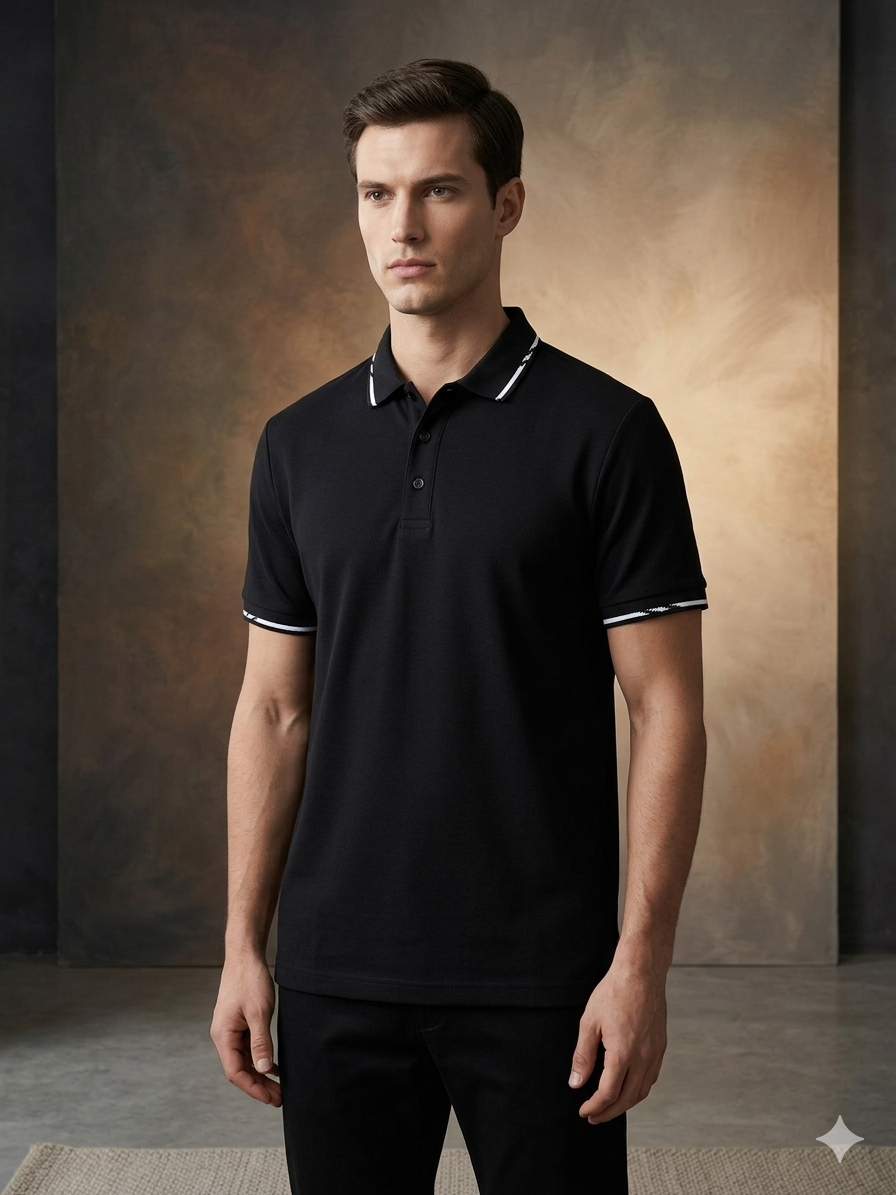 Manche Erkek 23-10771 Yaka Detaylı Polo Yaka Erkek Tshirt Siyah