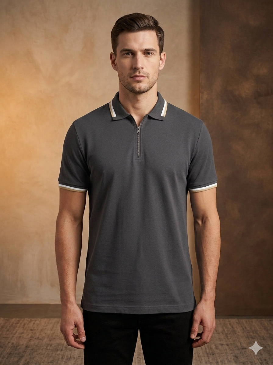 Manche Erkek 23-10772 Basic Yarım Fermuarlı Polo Yaka Erkek Tshirt Kahve