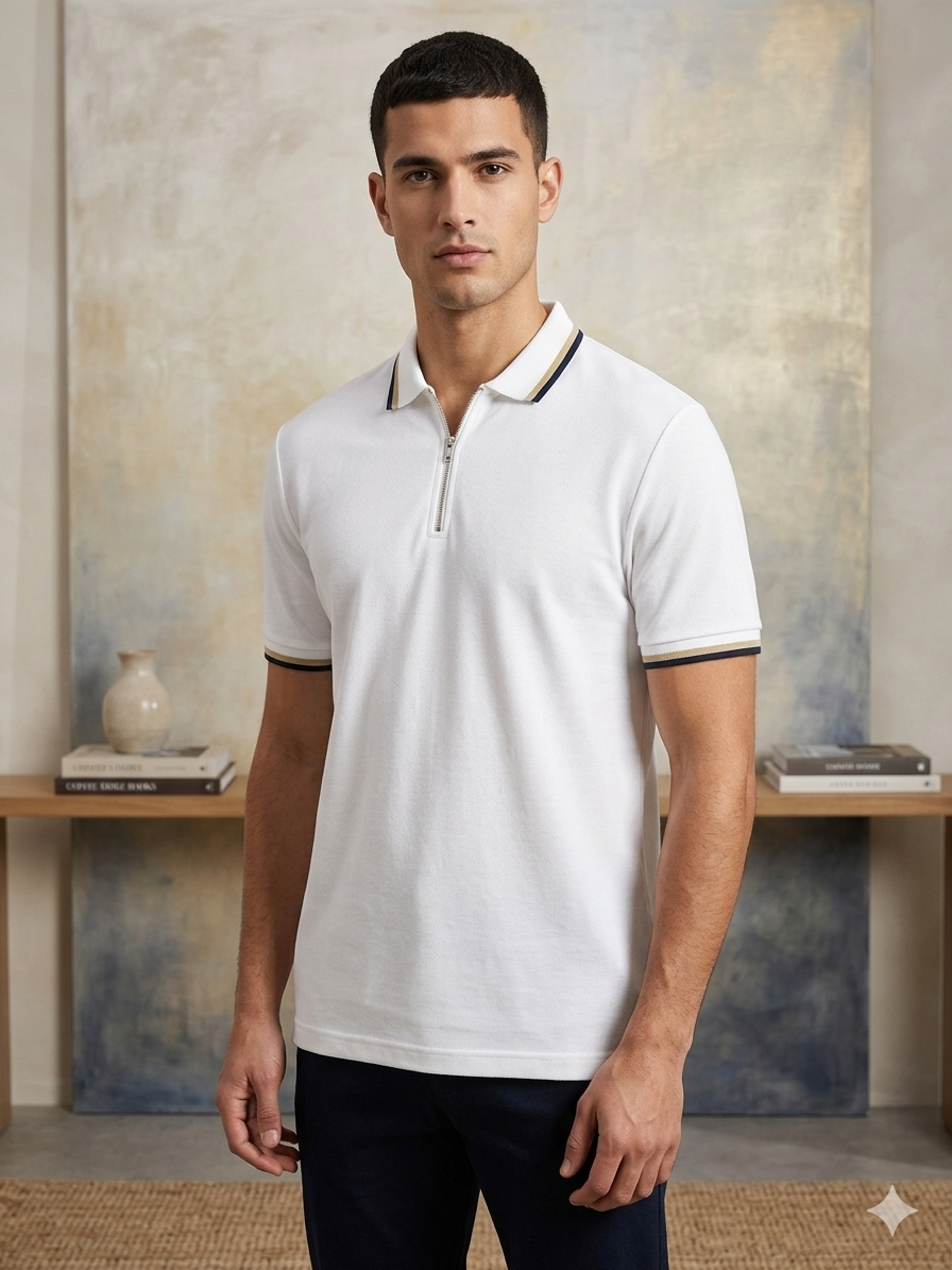 Manche Erkek 23-10772 Basic Yarım Fermuarlı Polo Yaka Erkek Tshirt Ekru