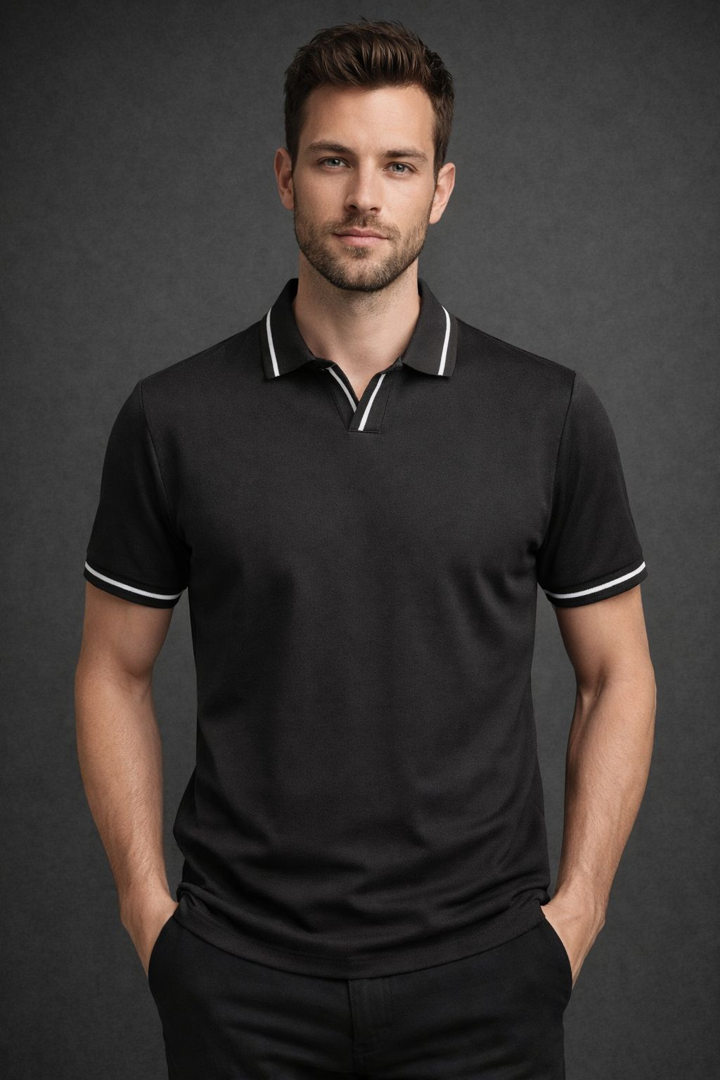 Manche Erkek 23-10773 Polo V Yaka Tshirt Siyah