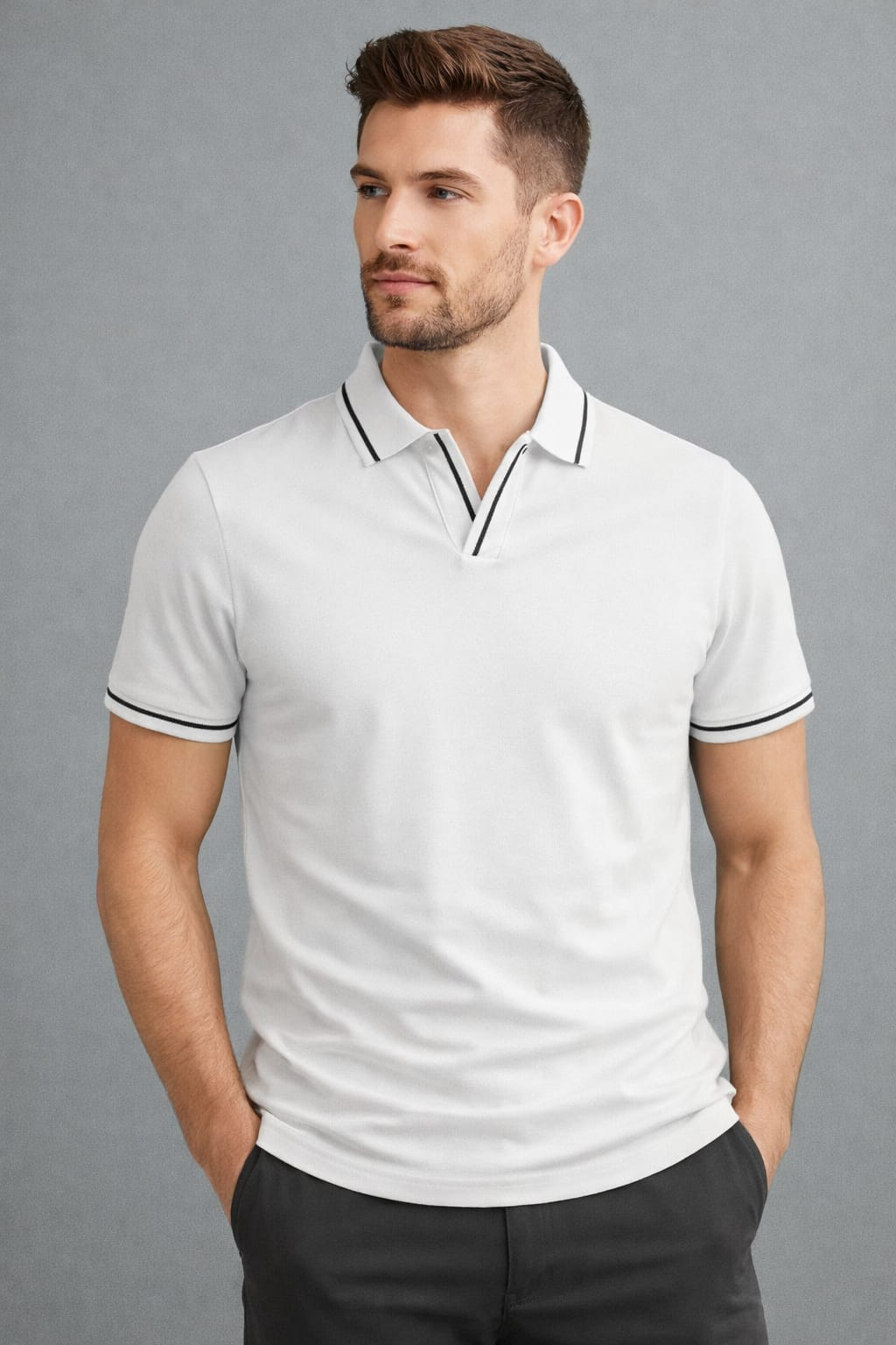 Manche Erkek 23-10773 Polo V Yaka Tshirt Ekru