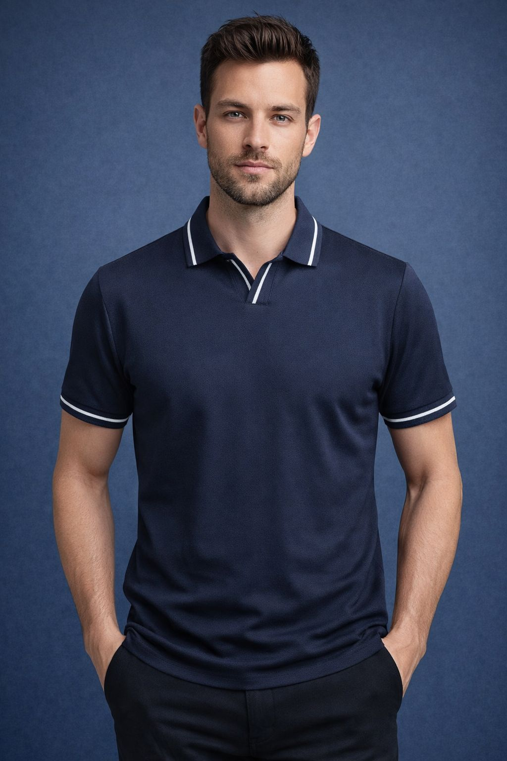 Manche Erkek 23-10773 Polo V Yaka Tshirt Lacivert