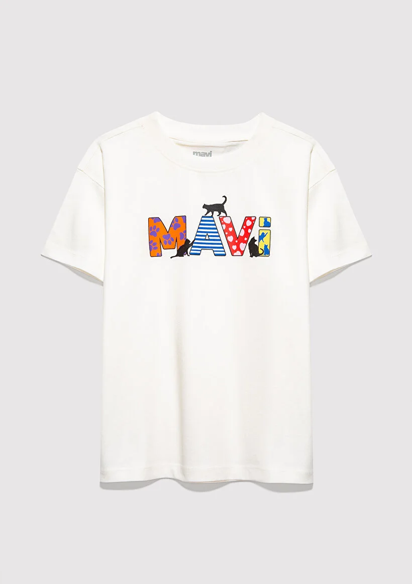 Mavi Çocuk M7610426-70057 Mavi Logo Baskılı Tişört Kırık Beyaz Beyaz