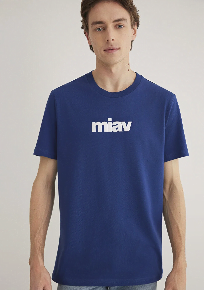 Mavi Erkek M067153-70722 Miav Baskılı Tişört Koyu Saks Mavi Saks