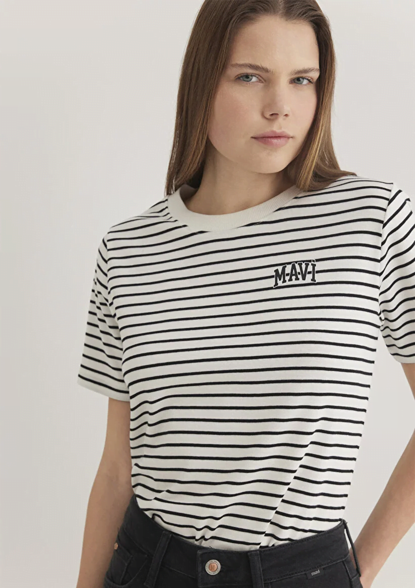 Mavi Kadın M1612224-85143 Mavi Baskılı Tişört Siyah Çizgili Siyah