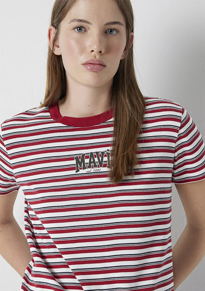 Mavi Kadın M1614397-91112 Logo Baskılı Tişört Rio Red Stripe Kırmızı