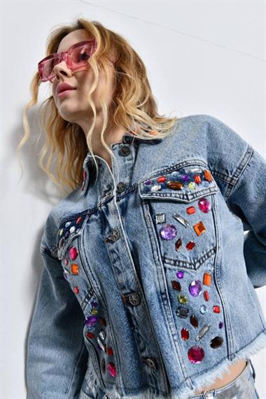 2460 Taşlı Kısa Jean Ceket Mavi