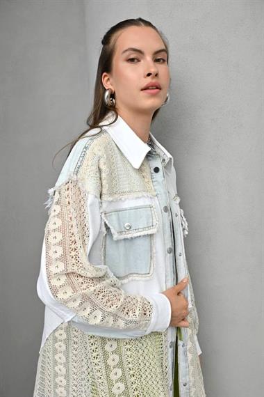 2814 Dantel Detaylı Jean Ceket Beyaz