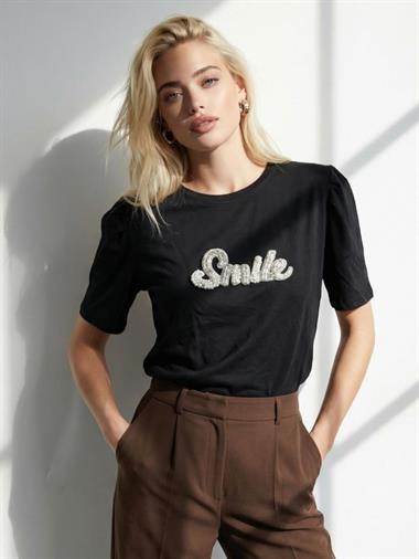 30696 Smile Taşlı Tişört Siyah