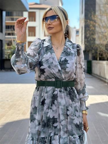 3373 Desenli Elbise Yeşil