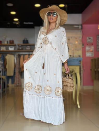 39768 Bağcıklı Nakışlı Elbise Pudra