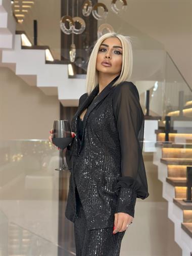 6561 Şifon Kollu Payetli Ceket/Siyah/36