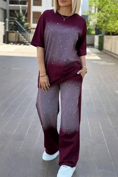 7225 Taşlı Eşofman Takım Bordo