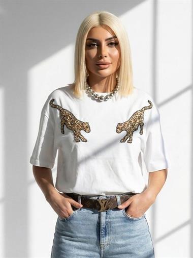 7436 Çift Kaplan Tişört Beyaz