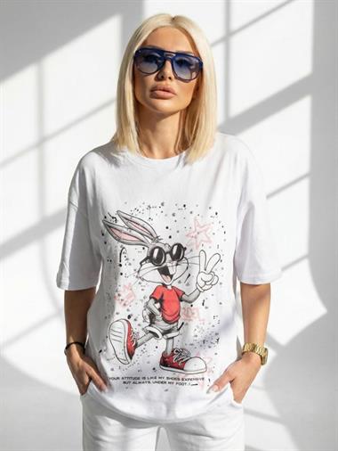 7589 Bunny Zımbalı Tişört Beyaz