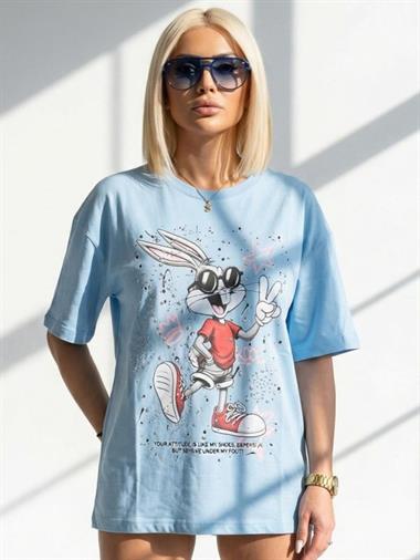 7589 Bunny Zımbalı Tişört Mavi