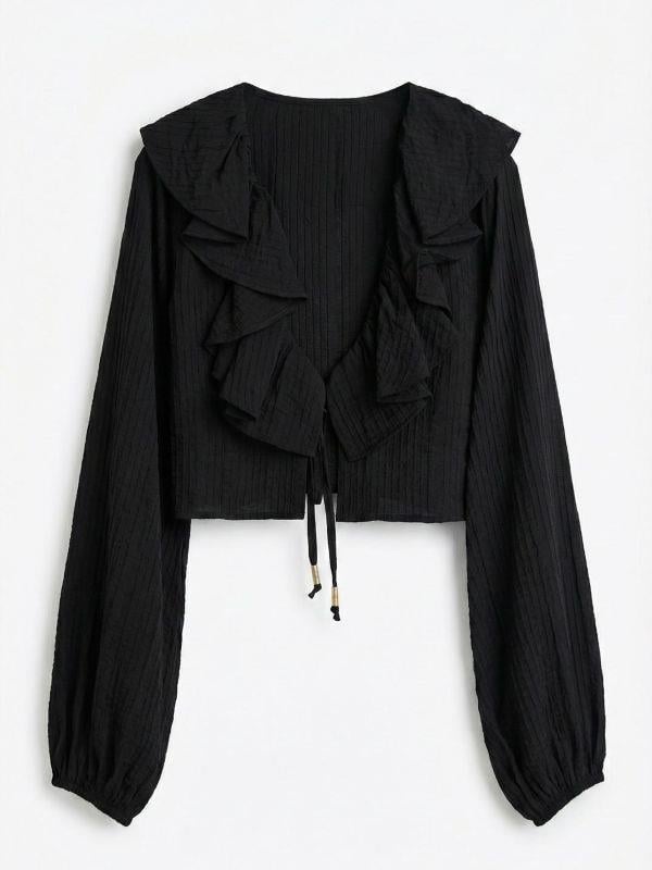 01576 Fırfırlı Crop Bluz Siyah