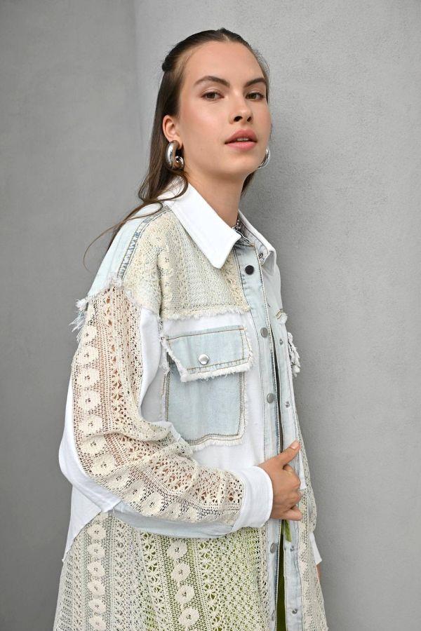 2814 Dantel Detaylı Jean Ceket Beyaz
