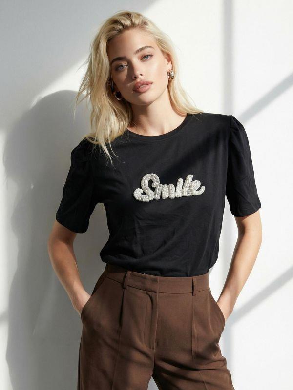 30696 Smile Taşlı Tişört Siyah
