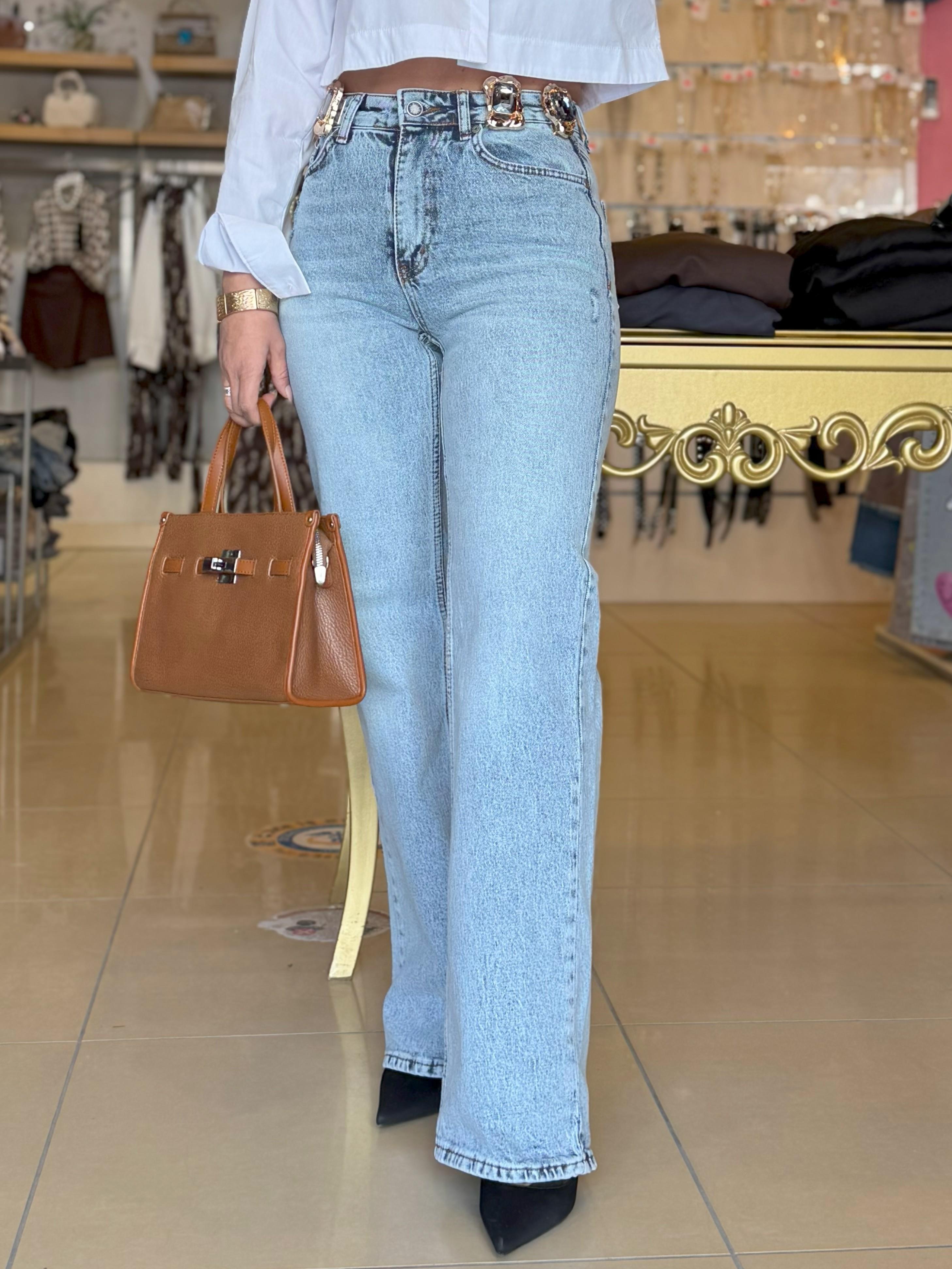31840 Beli Büyük Taş Aksesuarlı Jean Pantolon Mavi