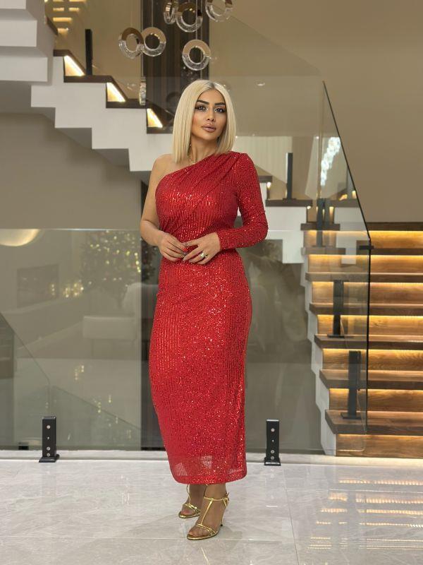 3516 Tek Kollu Payet Elbise Kırmızı