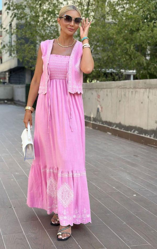 38729 Yelekli Elbise Pembe