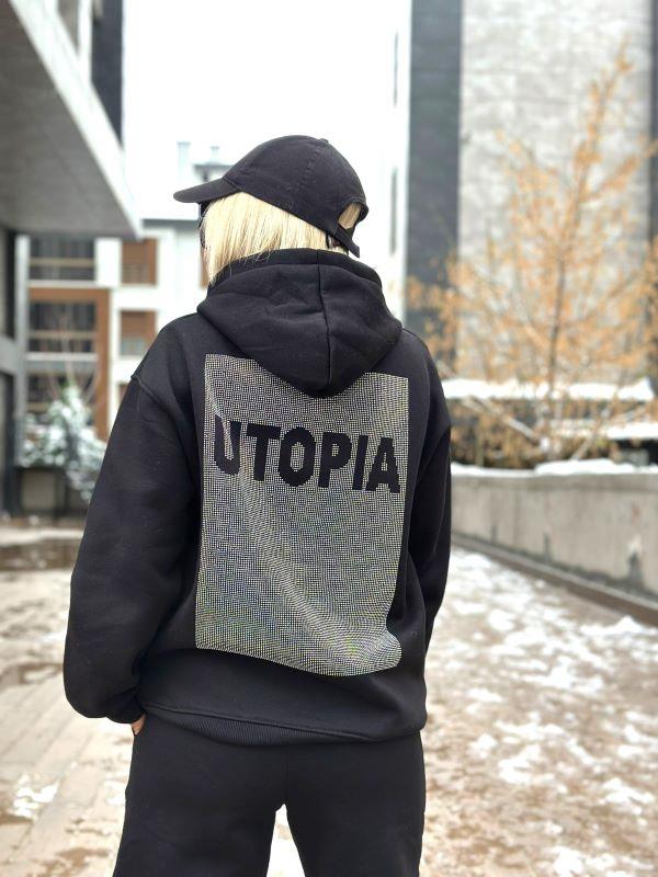 5602 Ütopya Arkası Taşlı Kapşonlu Sweat Siyah