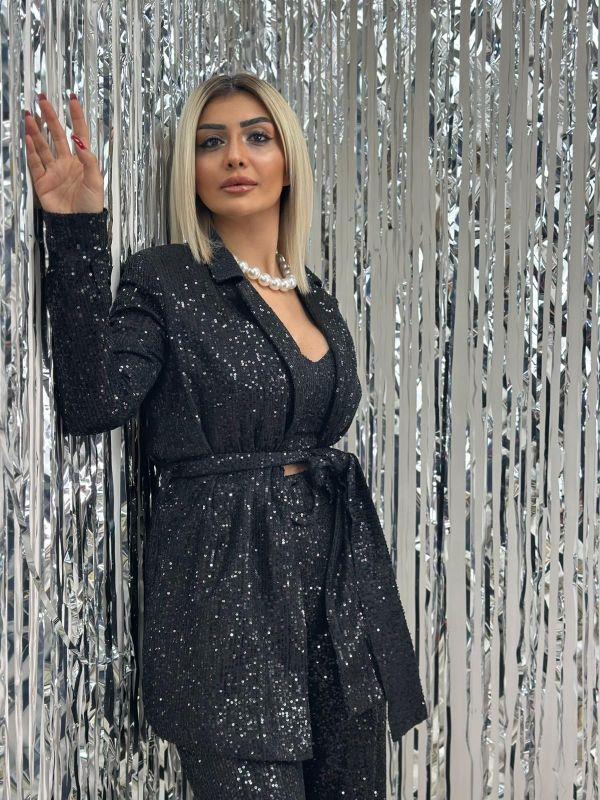 6544 Kuşaklı Payetli Ceket Siyah