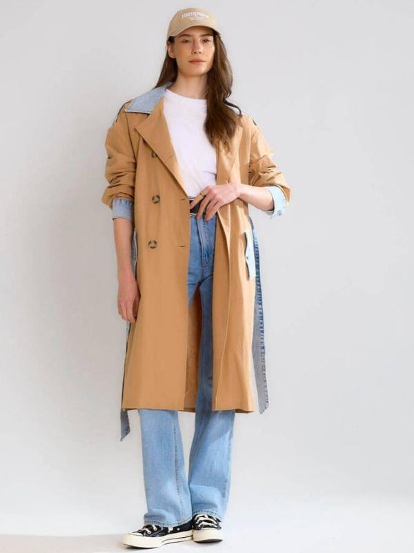87077 Jean Detaylı Uzun Trench Karamel