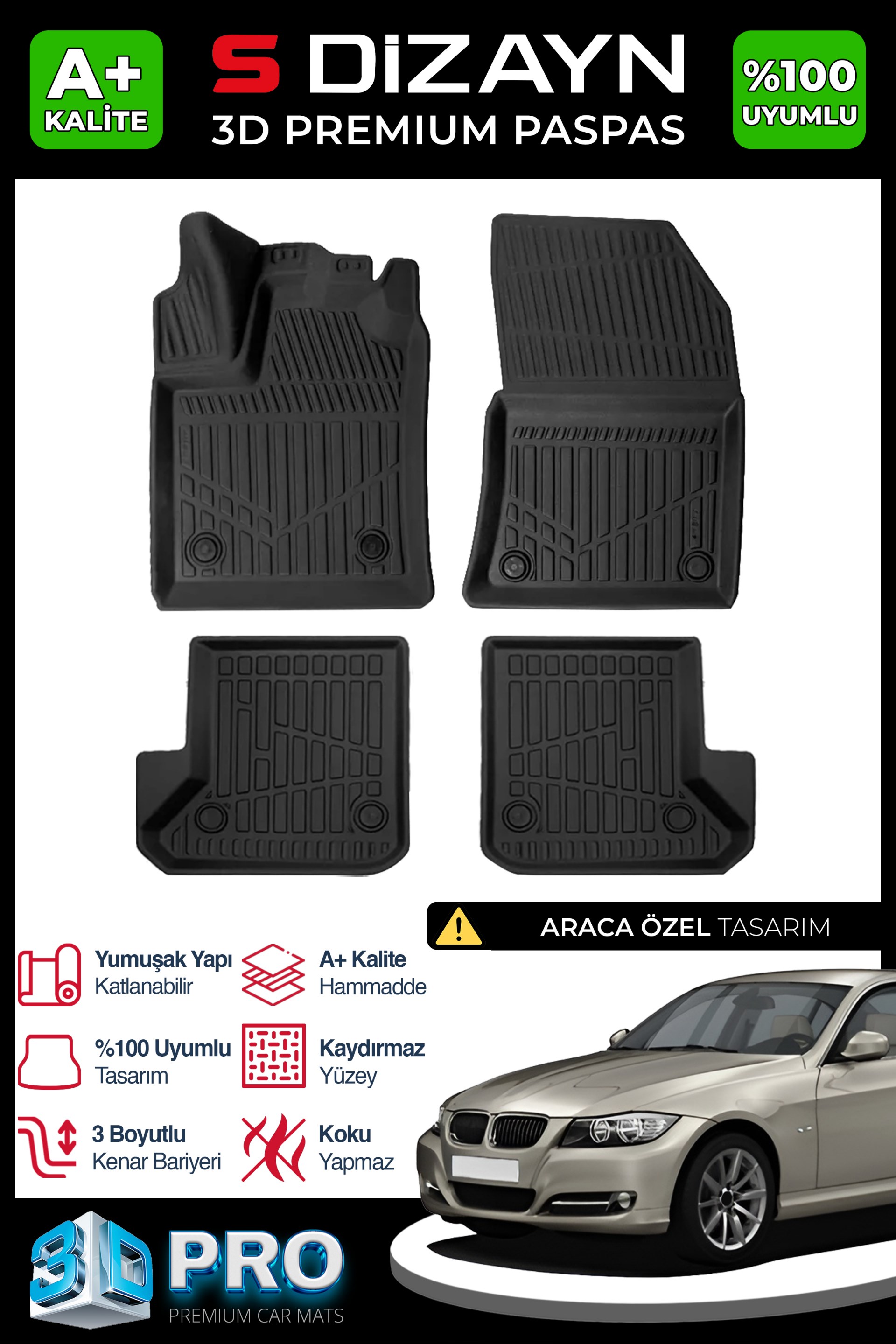 S-Dizayn Bmw 3 Serisi E90 3D Pro Havuzlu Paspas 2004-2013 A+ Kalite