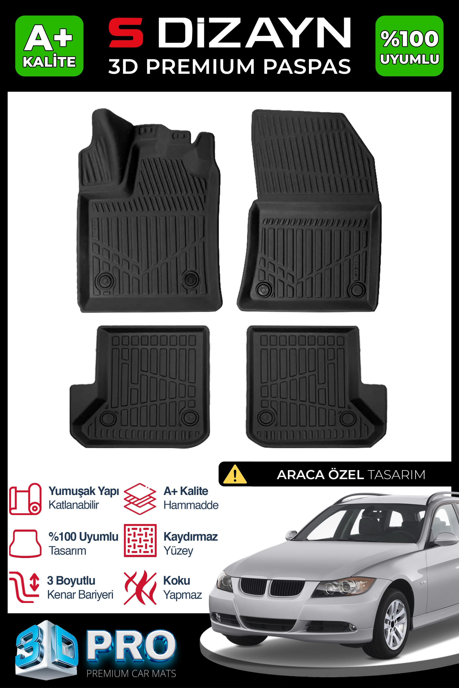 S-Dizayn Bmw 3 Serisi E91 3D Pro Havuzlu Paspas 2004-2013 A+ Kalite