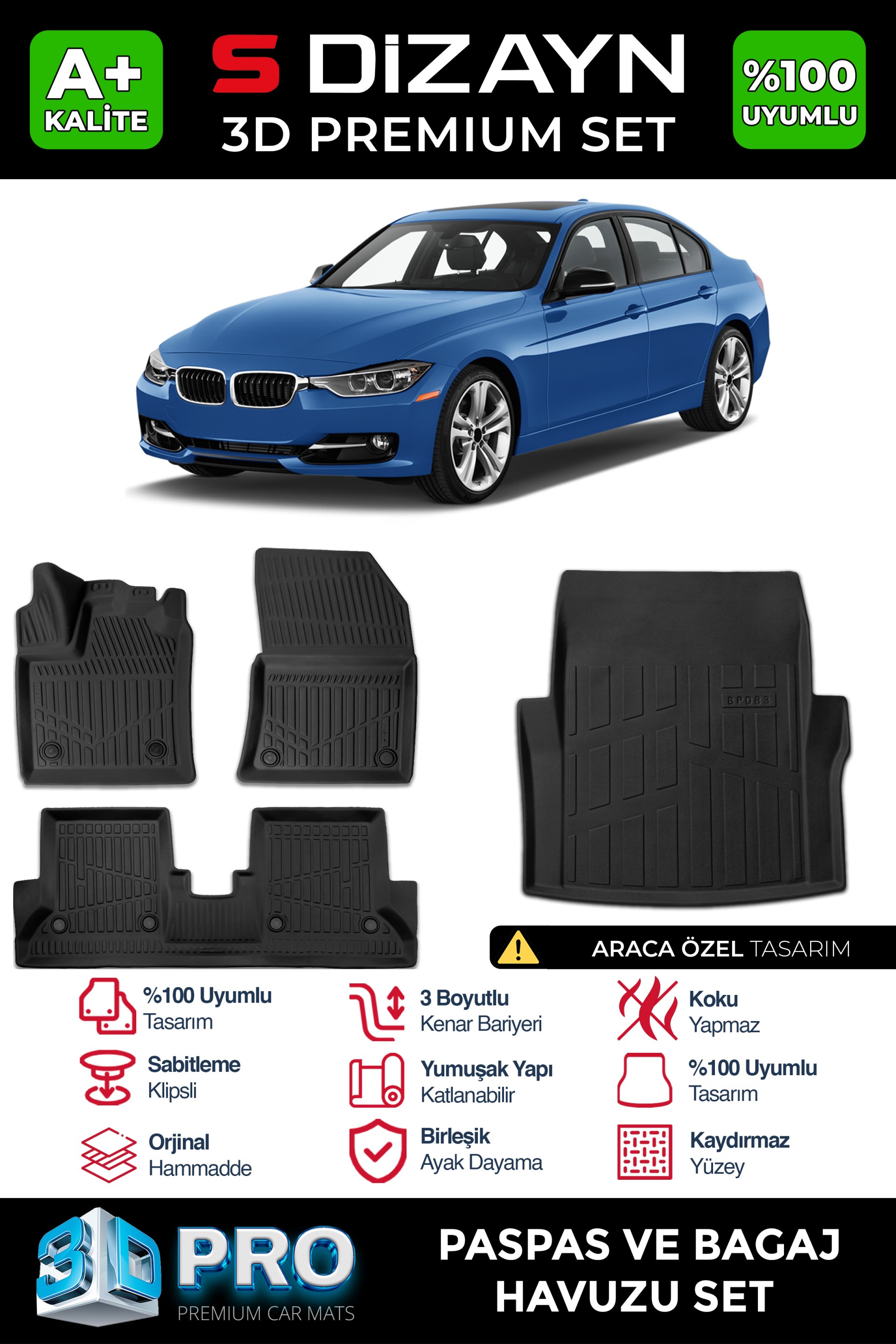 S-Dizayn Bmw 3 Serisi F30 3D Pro Havuzlu Paspas ve Bagaj Havuzu Seti (2li SET) 2012-2019 A+ Kalite