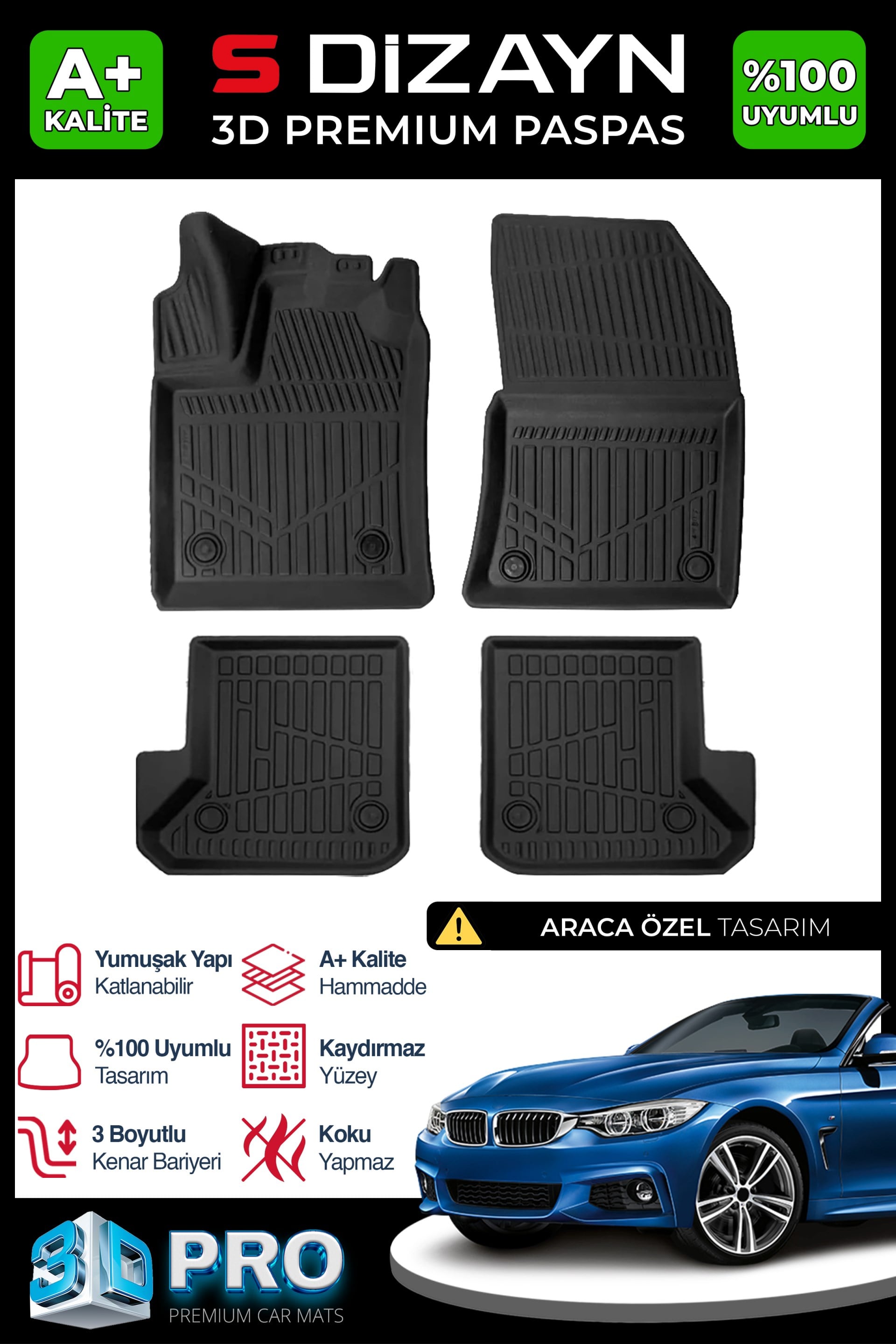 S-Dizayn Bmw 4 Serisi F33 Cabrio 3D Pro Havuzlu Paspas 2013-2020 A+ Kalite