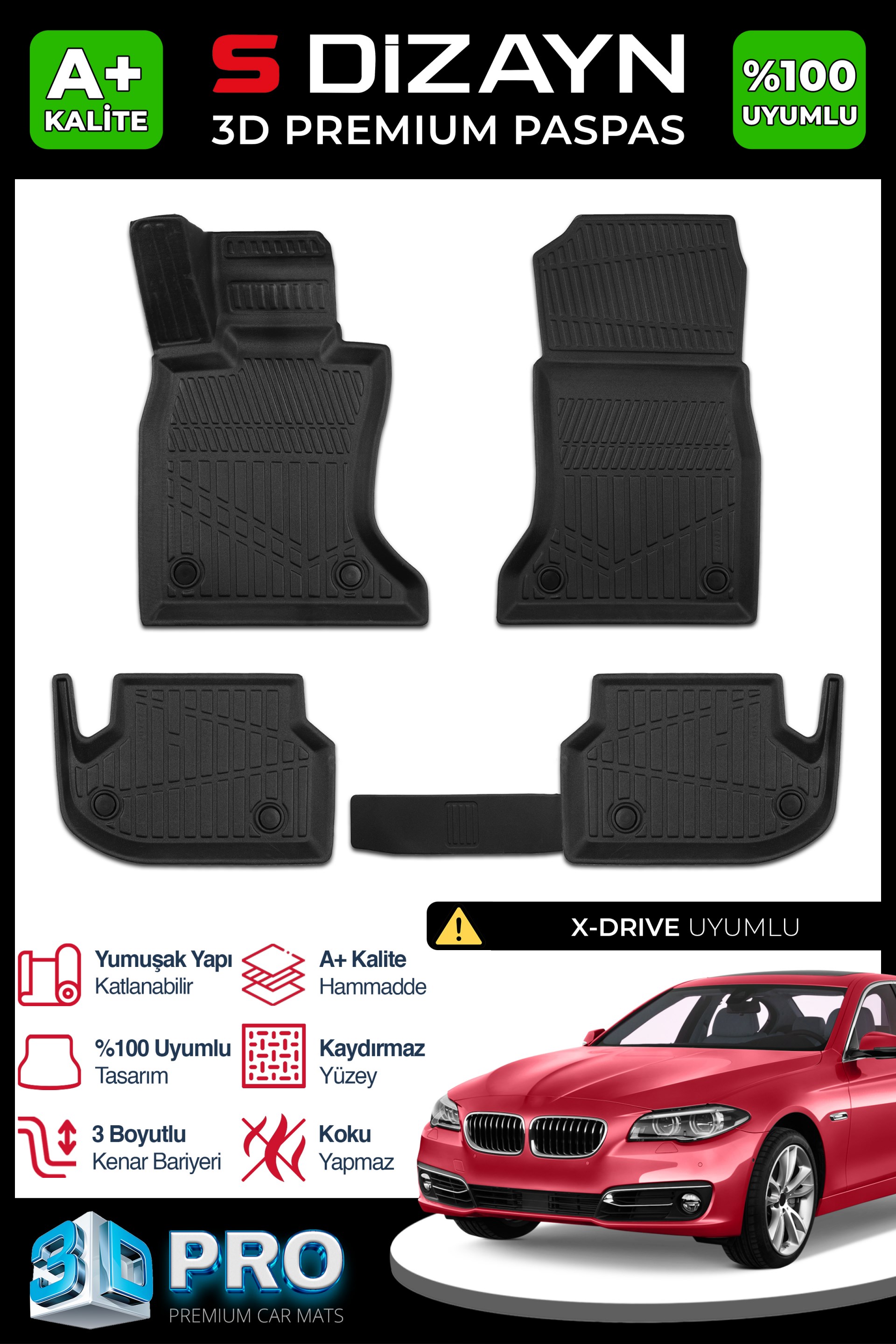 S-Dizayn Bmw 5 Serisi F10 X-Drive 3D Pro Havuzlu Paspas 2013-2017 A+ Kalite