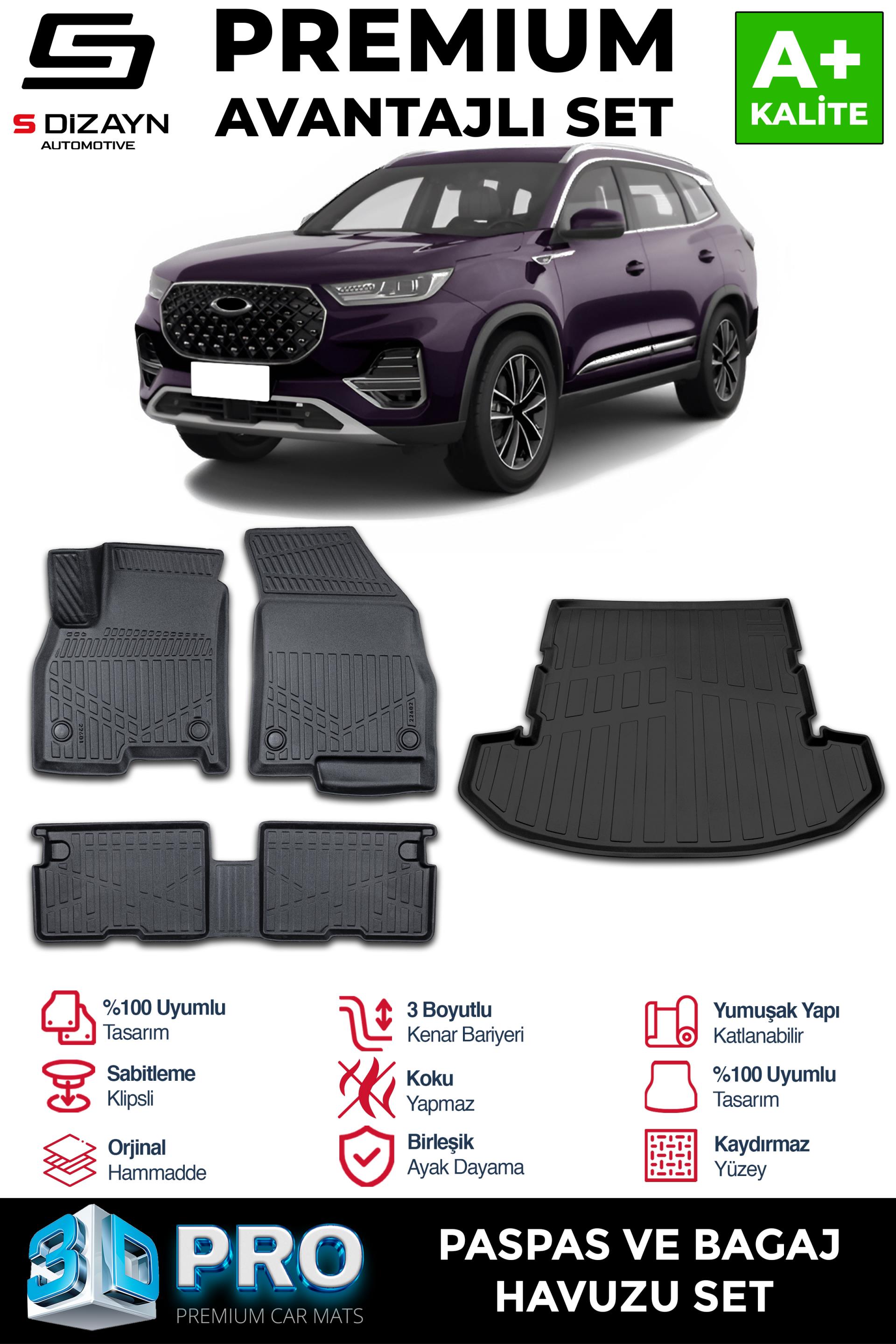 S-Dizayn Chery Tiggo 8 Pro 3D Pro Havuzlu Paspas ve Bagaj Havuzu Seti (2li SET) 2022-2025 A+ Kalite