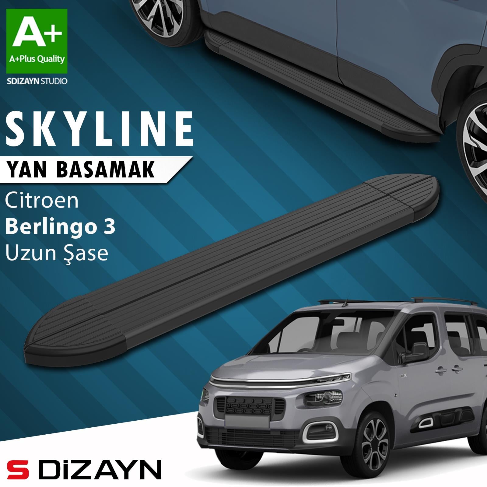 Citroen Berlingo 3 Uzun Şase Skyline Siyah Yan Basamak 213 Cm 2018 Üzeri A+ Kalite