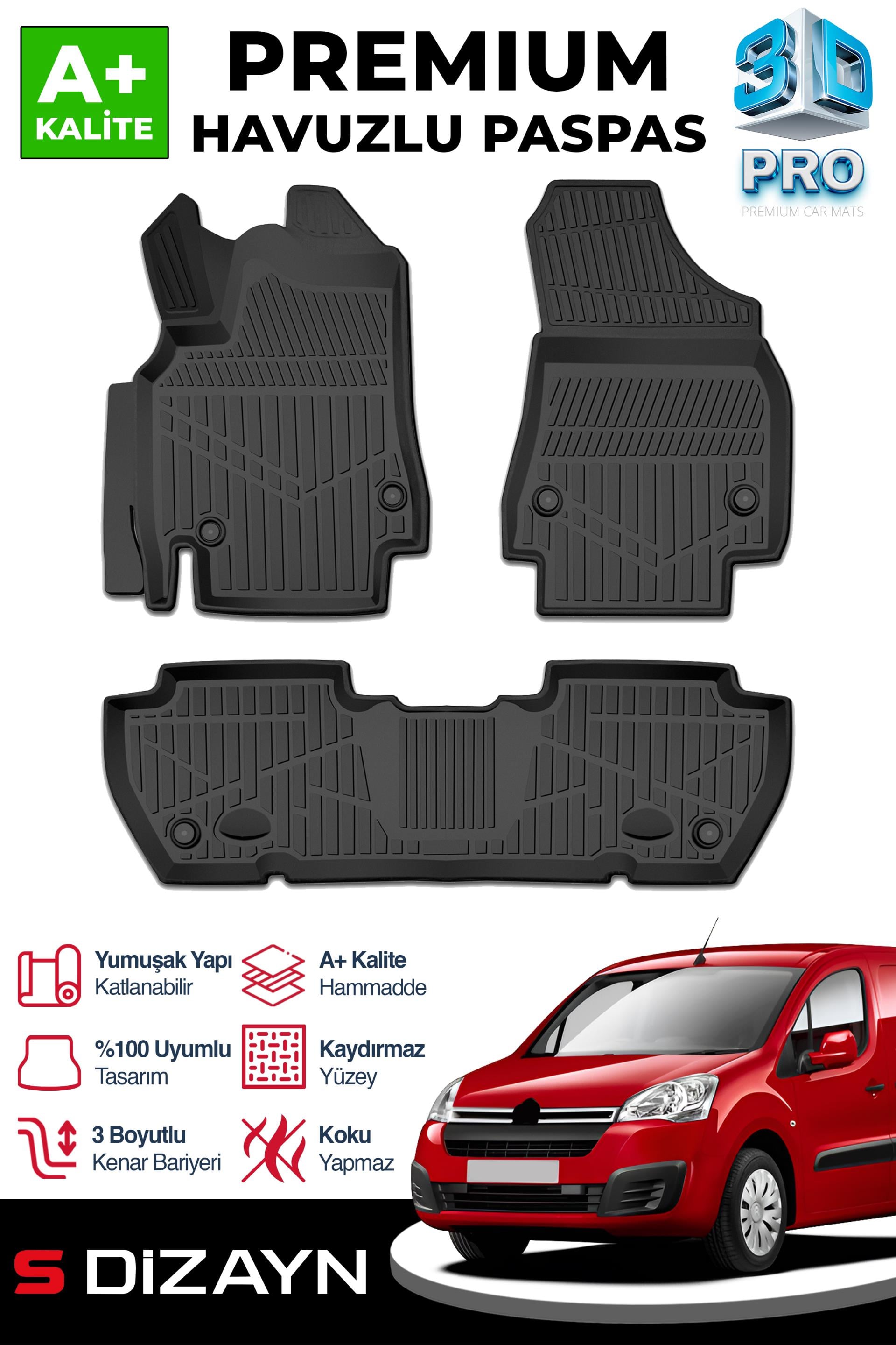 S-Dizayn Citroen Berlingo 3D Pro Havuzlu Paspas 2008-2018 A+ Kalite