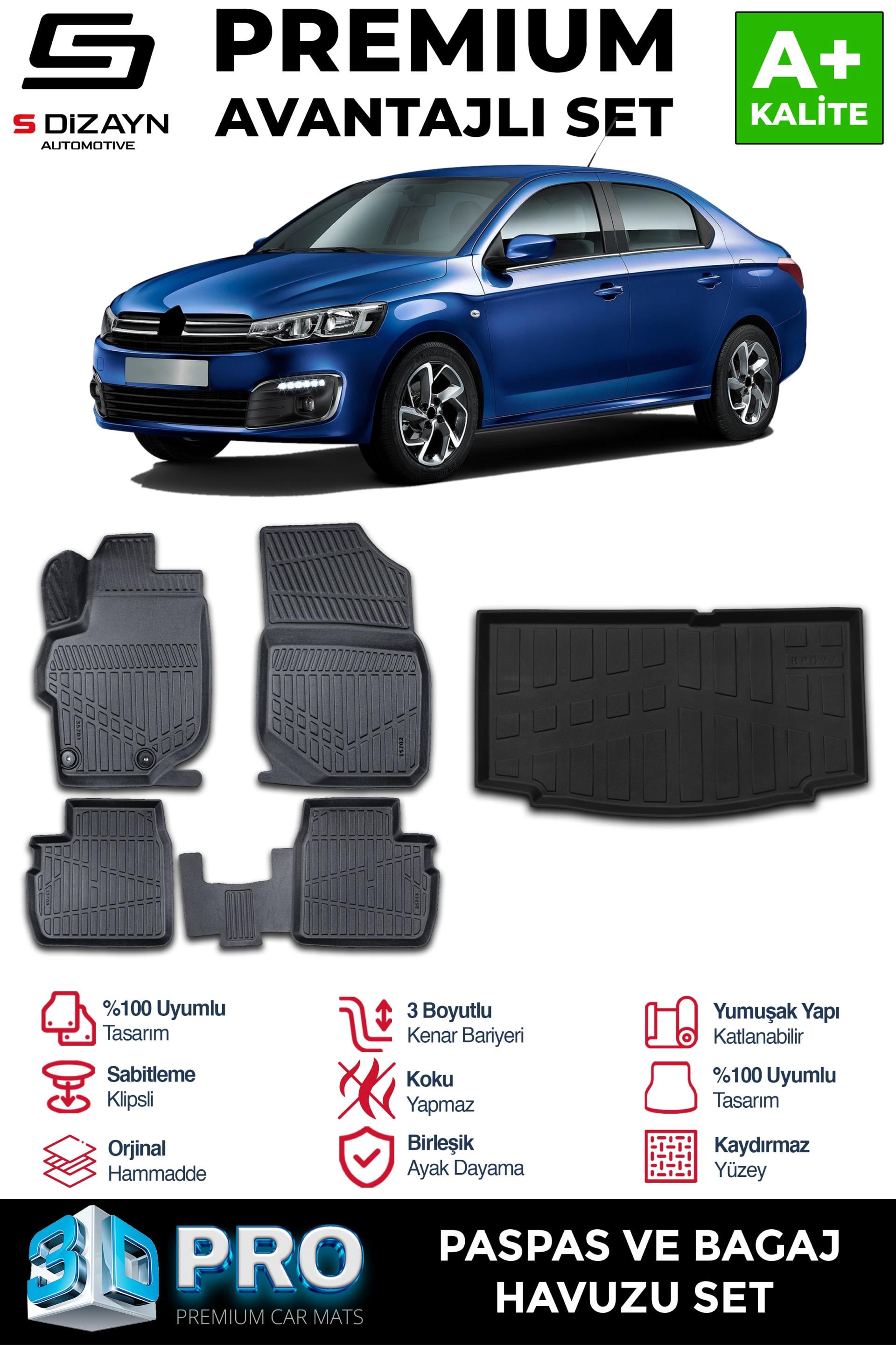 S-Dizayn Citroen C-Elysee 3D Pro Havuzlu Paspas ve Bagaj Havuzu Seti (2li SET) 2012-2017 A+ Kalite