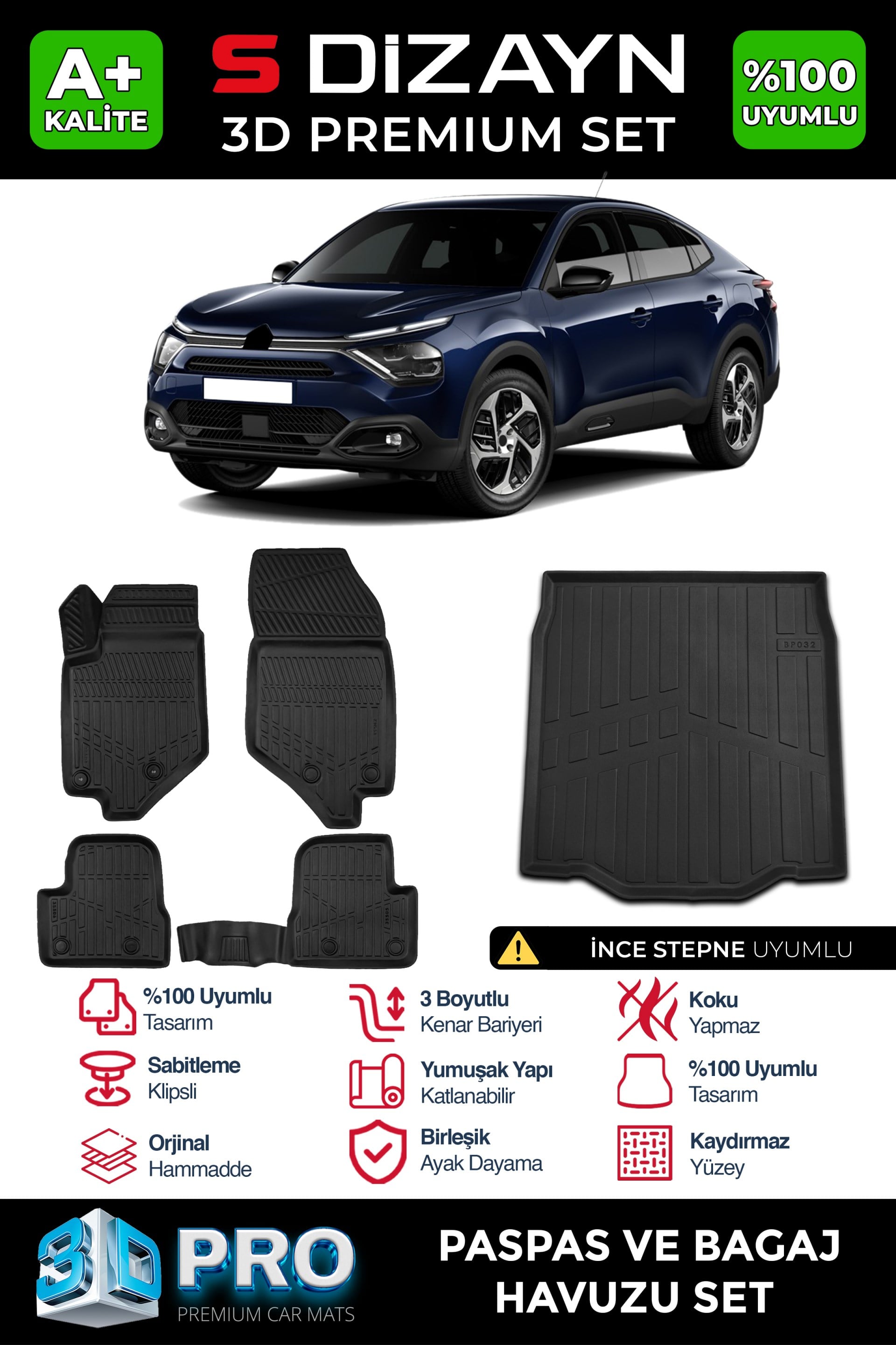 S-Dizayn Citroen C4X 3D Pro Havuzlu Paspas ve Bagaj Havuzu Seti (2li SET) İnce Stepne 2023 Üzeri A+ Kalite