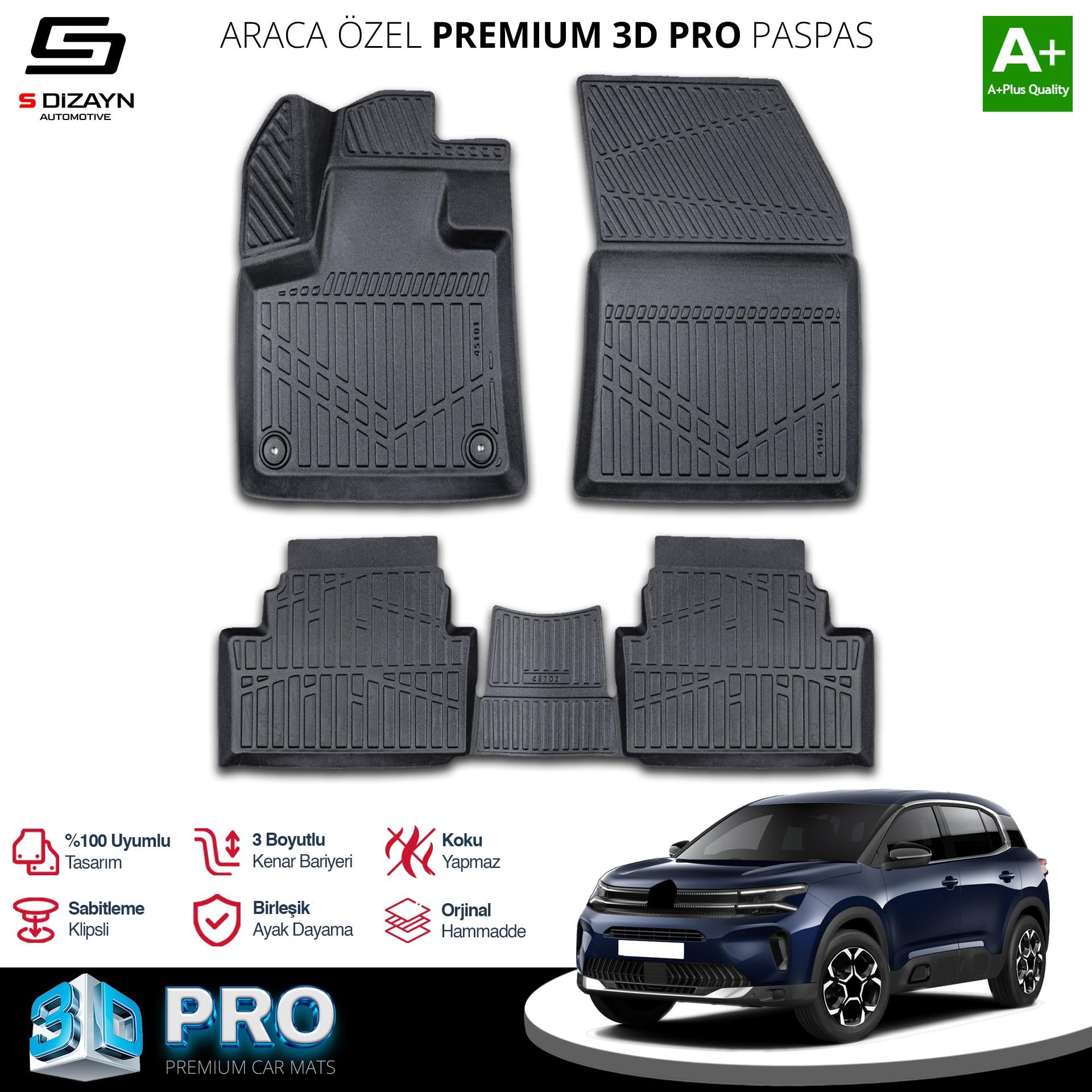 S-Dizayn Citroen C5 Aircross 3D Pro Havuzlu Paspas 2017-2025 A+ Kalite