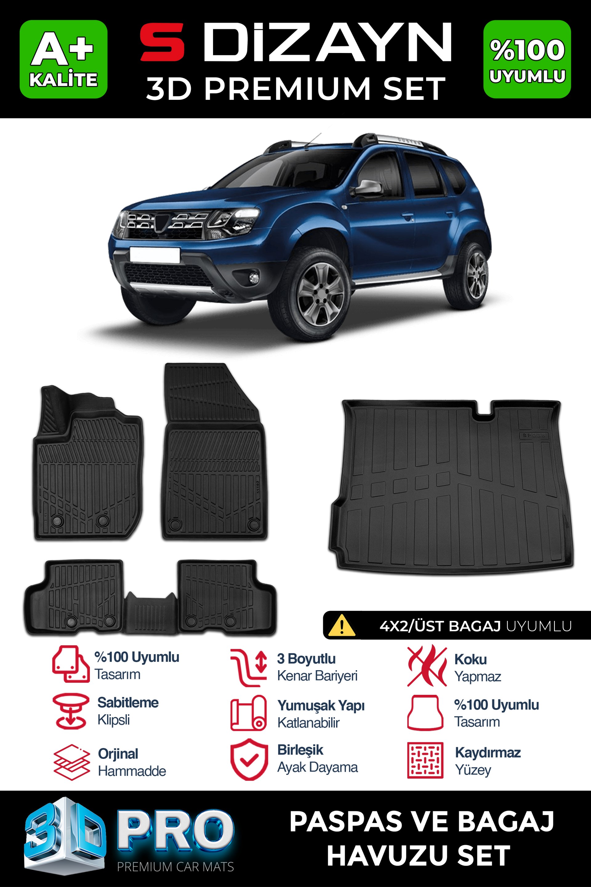 S-Dizayn Dacia Duster 4X2 3D Pro Havuzlu Paspas ve Üst Bagaj Havuzu Seti (2li SET) 2018-2022 A+ Kalite