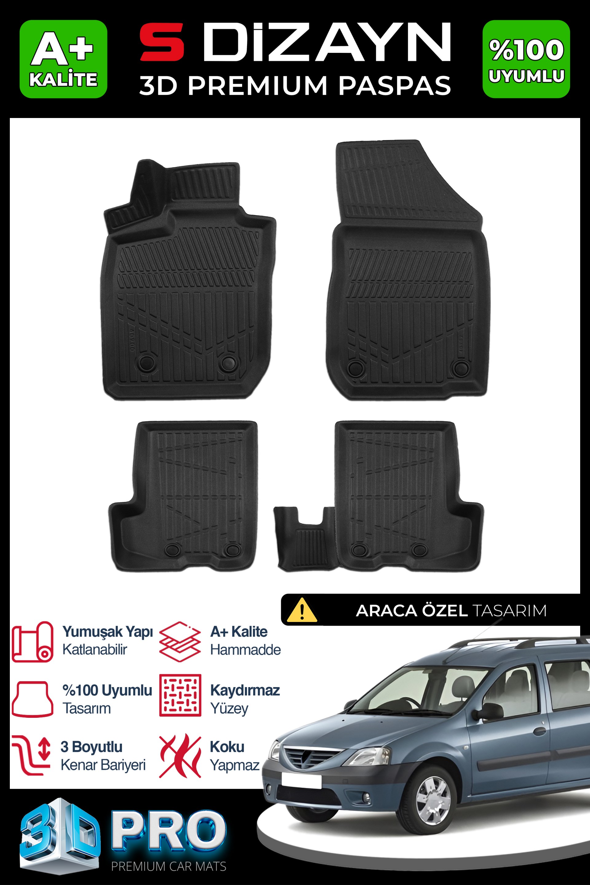 S-Dizayn Dacia Logan MCV 3D Pro Havuzlu Paspas 2004-2012 A+ Kalite