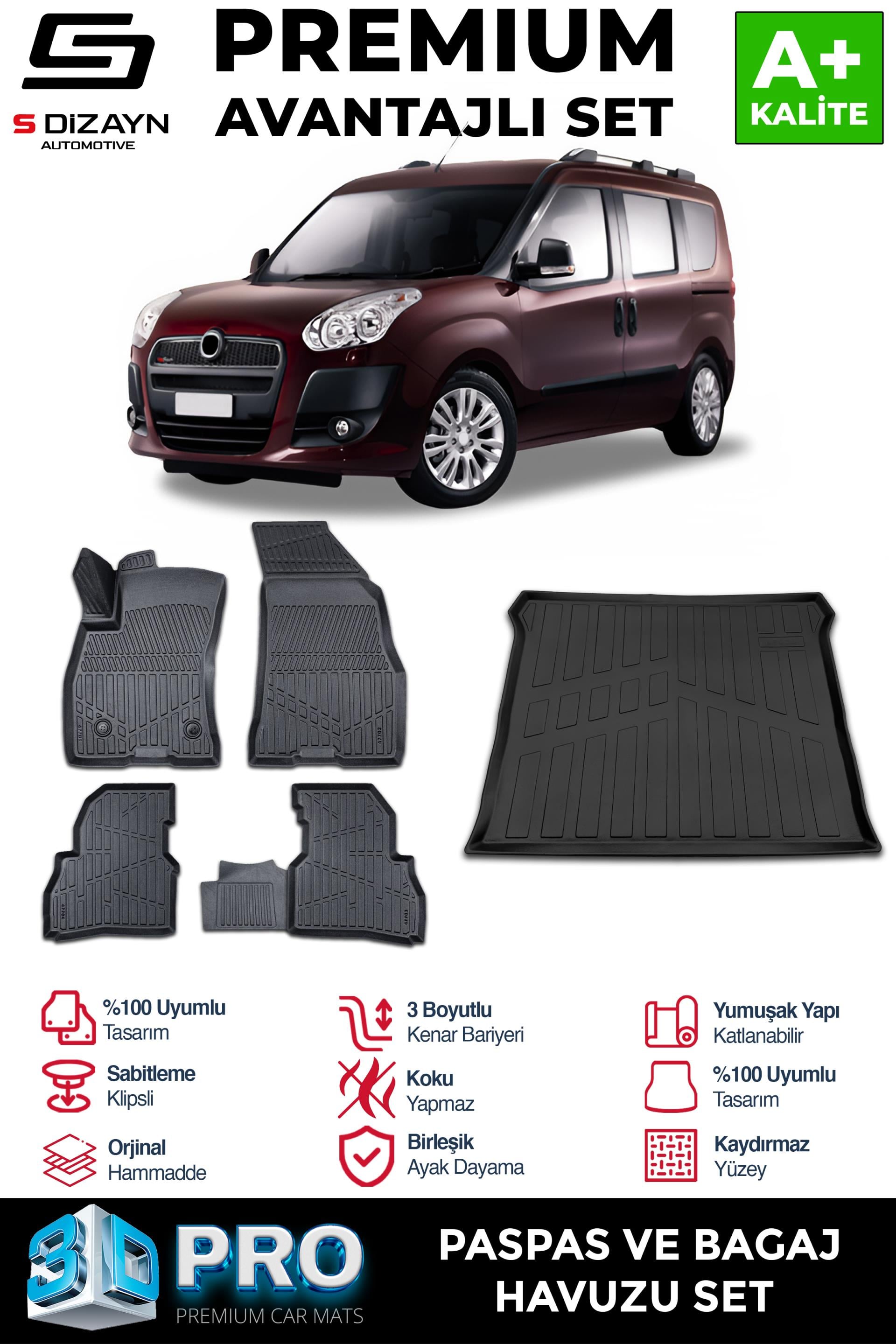 S-Dizayn Fiat Doblo Geniş Aile 3D Pro Havuzlu Paspas ve Bagaj Havuzu Seti (2li SET) 2010-2022 A+ Kalite