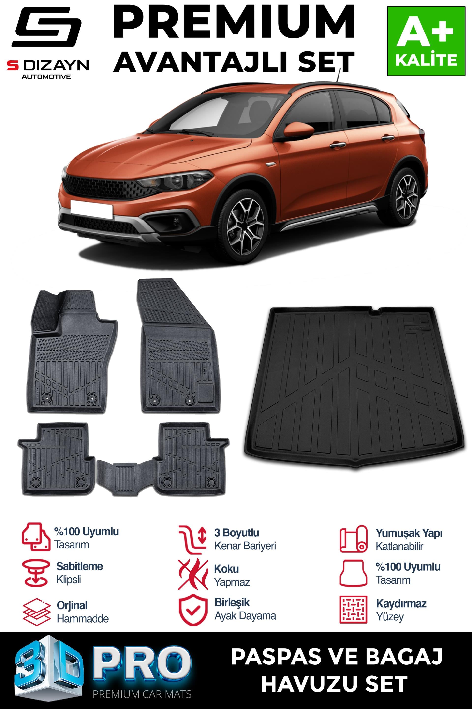 S-Dizayn Fiat Egea Cross 3D Pro Havuzlu Paspas ve Bagaj Havuzu Seti (2li SET) 2020 Üzeri A+ Kalite