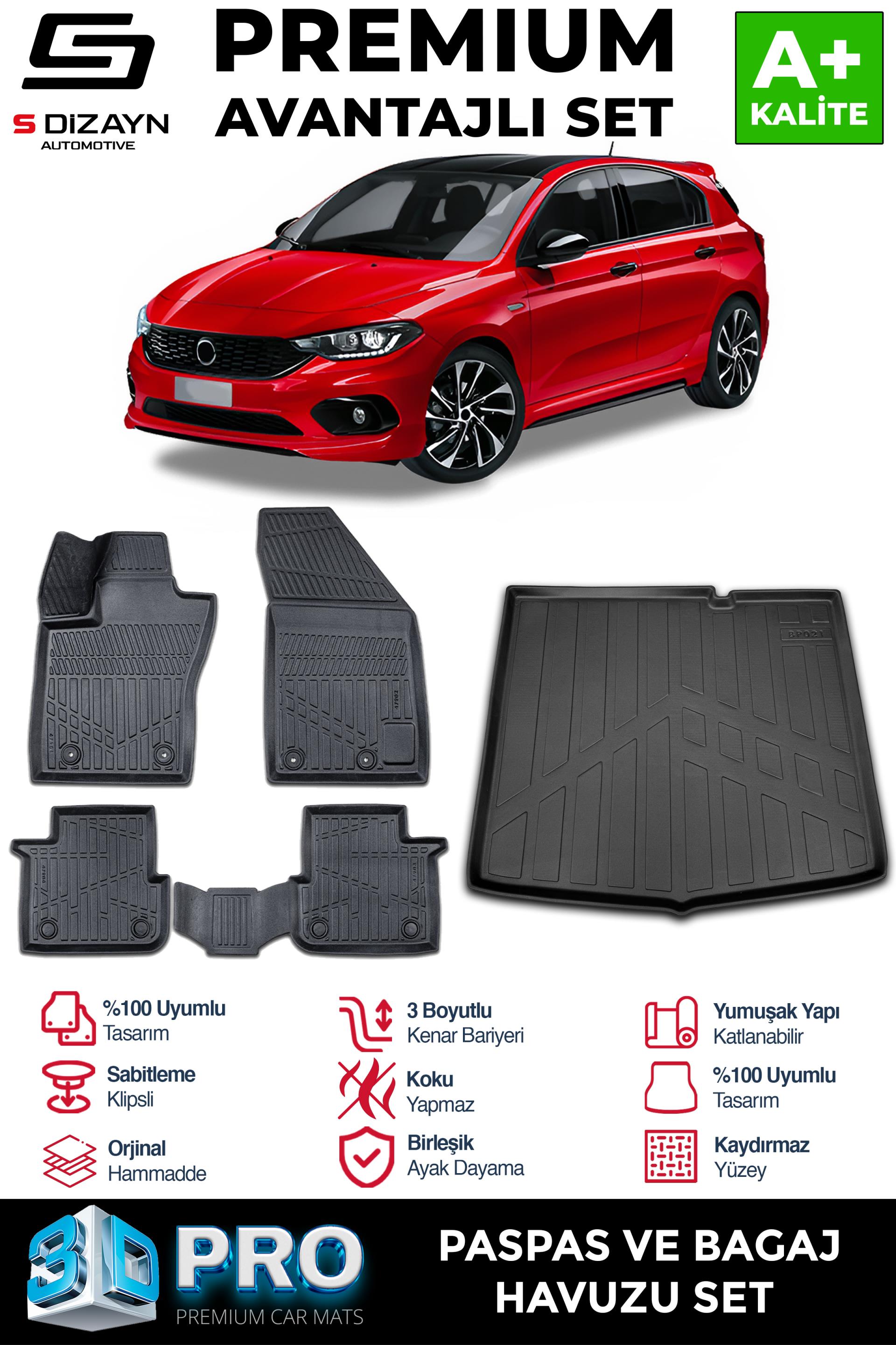 S-Dizayn Fiat Egea HB 3D Pro Havuzlu Paspas ve Bagaj Havuzu Seti (2li SET) 2015 Üzeri A+ Kalite
