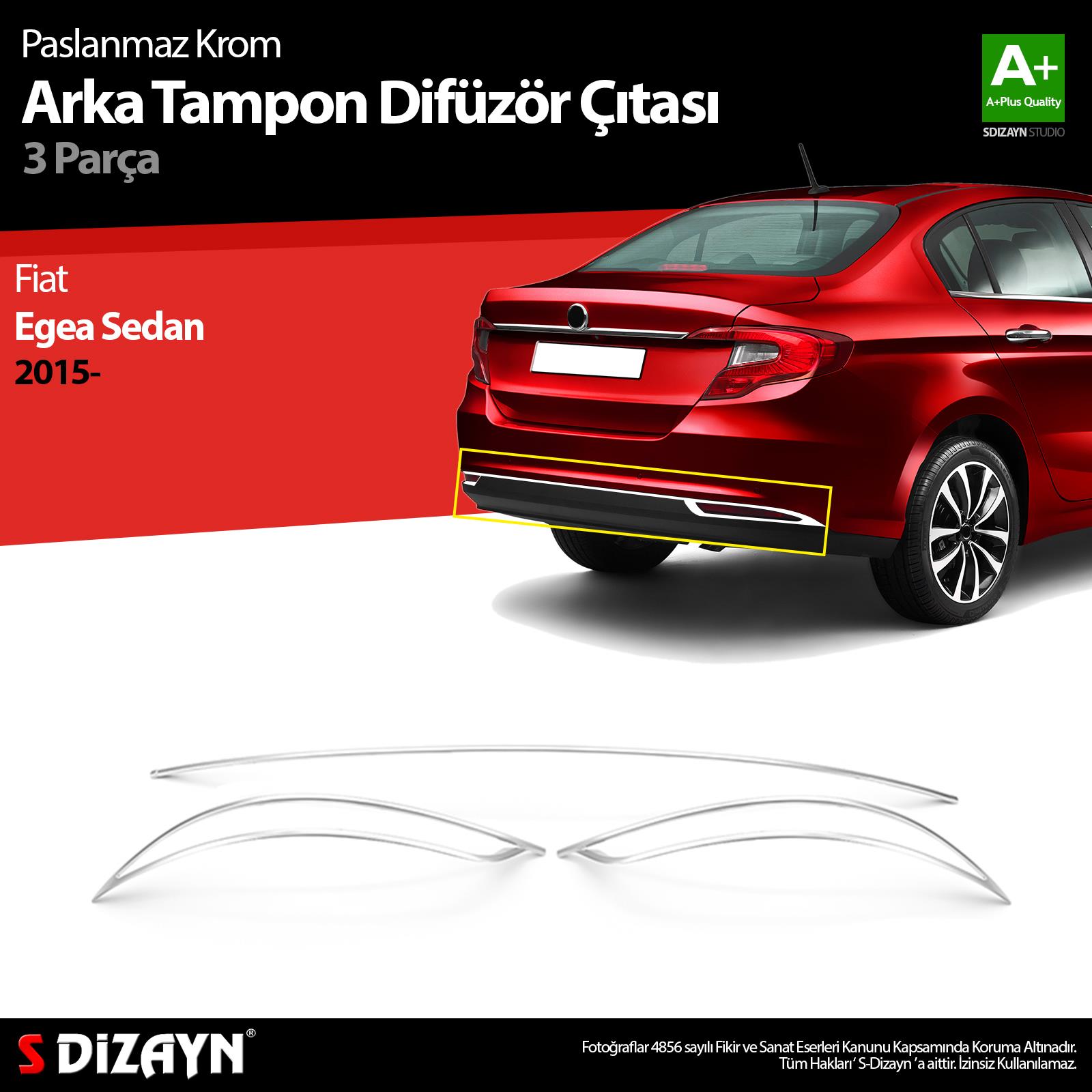 S-Dizayn Fiat Egea SD Krom Arka Tampon Difüzör Çıtası 3 Prç. 2015 Üzeri A+ Kalite